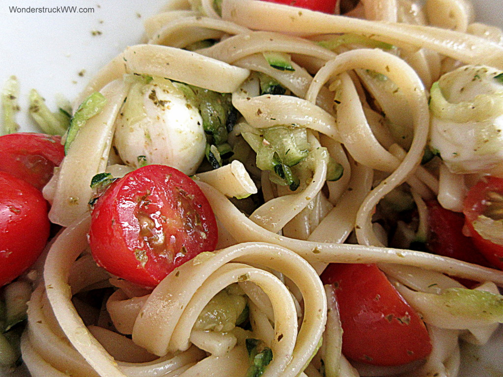 Fettuccine with Tomatoes, Zucchini, Pesto and Cheese